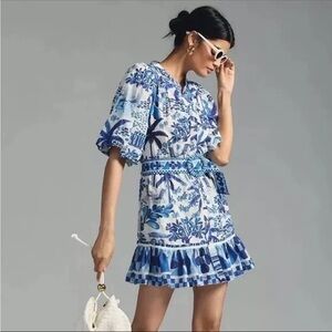 Farm Rio Anthropologie Sweet Rio Mini Dress Size Medium NEW Blue White